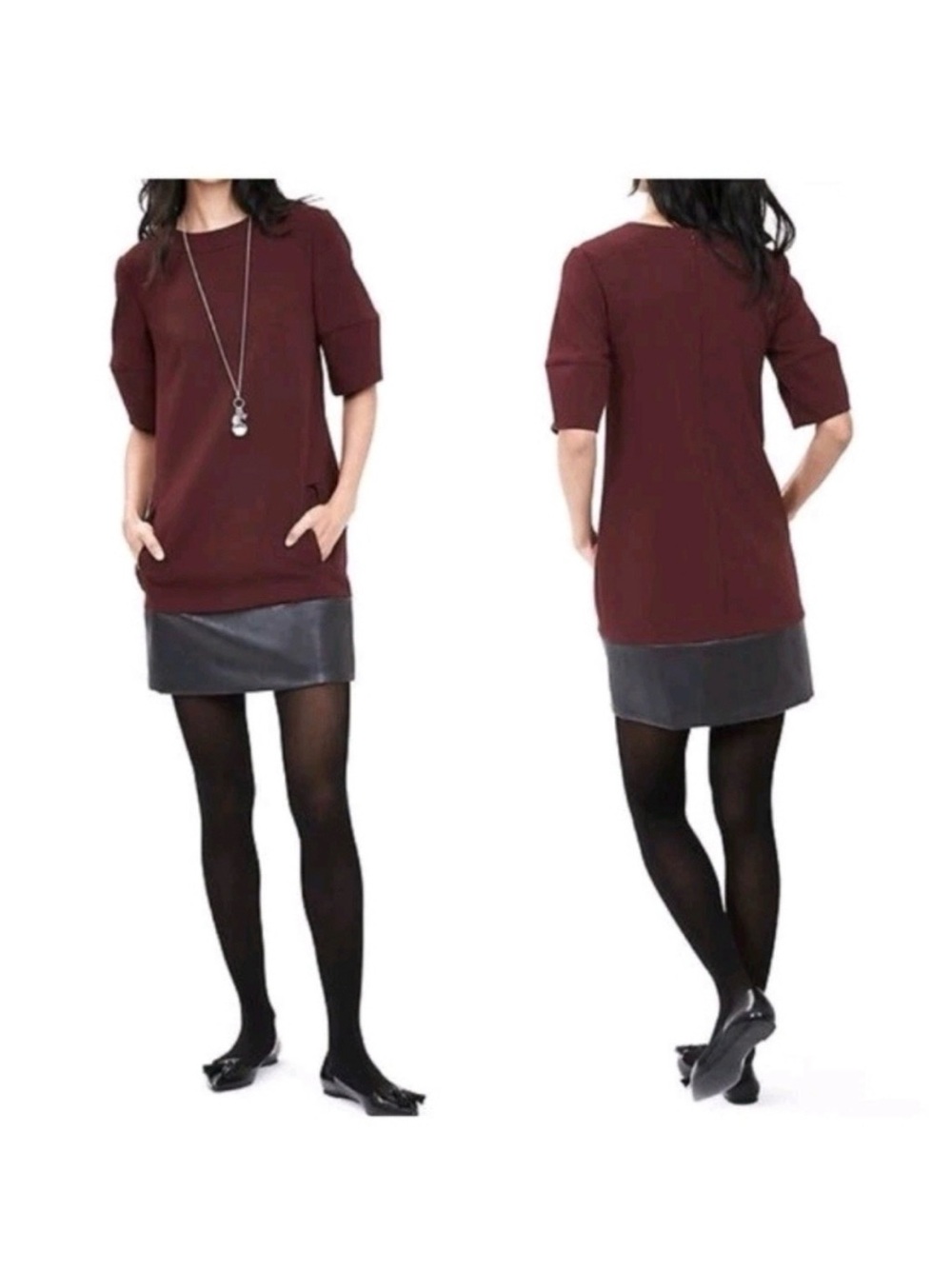 🆕 Banana Republic Burgundy Shift Dress with Black Faux Leather Trim 6